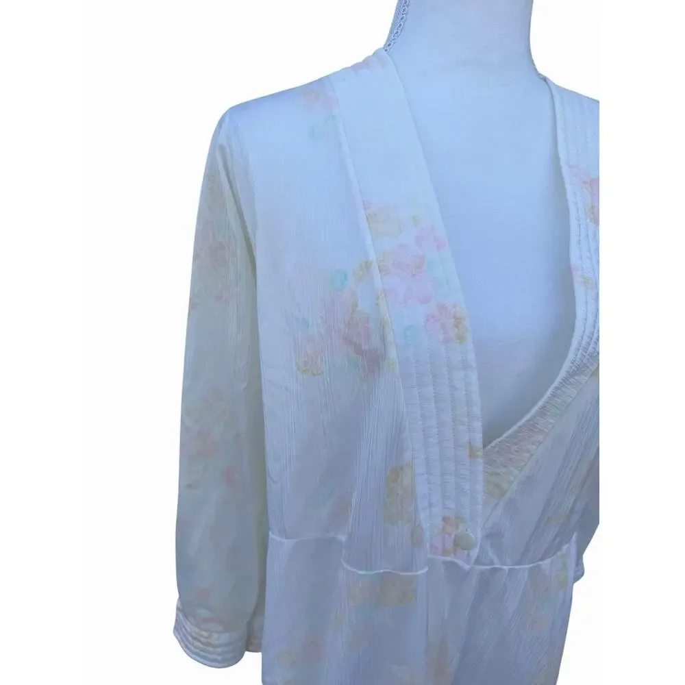 Vintage 80s Rikki New York Robe Womens M Floral Nylon Midi Sleep Gown USA
